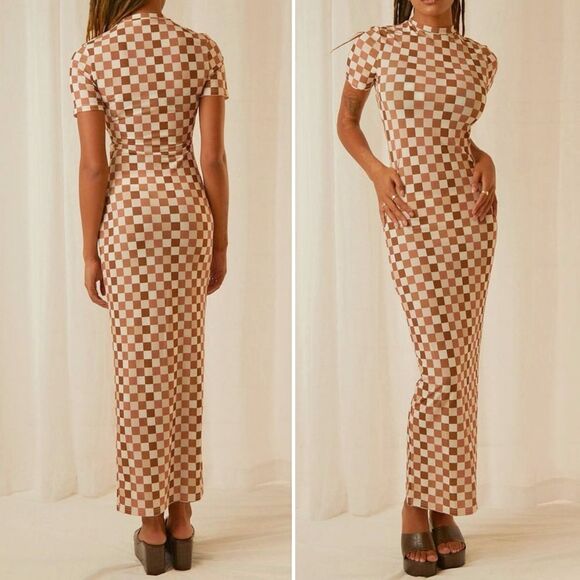 NWT Peppermayo Into The City Mesh Maxi Dress Cocoa Cream Check Womens Size 6 NEW - Picture 1 of 16